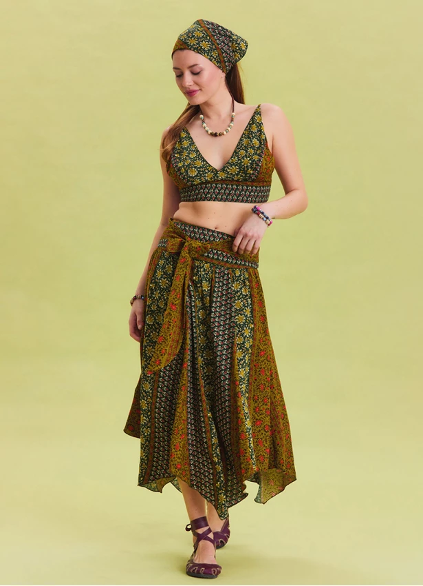 Green Patterned Asymmetrical Skirt with Gipe Detail and Tied Waist 4503